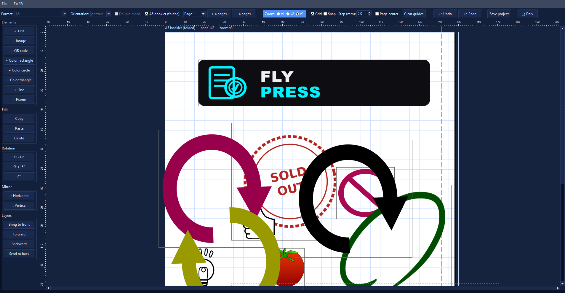 Capture d'écran de FlyPress : éditeur de flyer A5 en cours de conception, avec un bandeau logo et des visuels vectoriels colorés sur la page